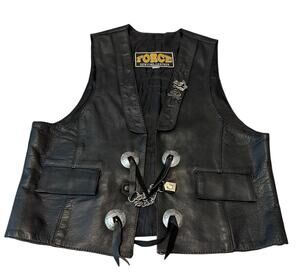 Vintage 90s Forge Black Leather Biker Vest Concho Pins Men's L Daytona